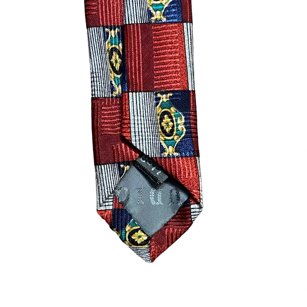 Robert Talbott Studio Mens Tie‎ Red Silver Blue Check Pattern 100% Silk 59